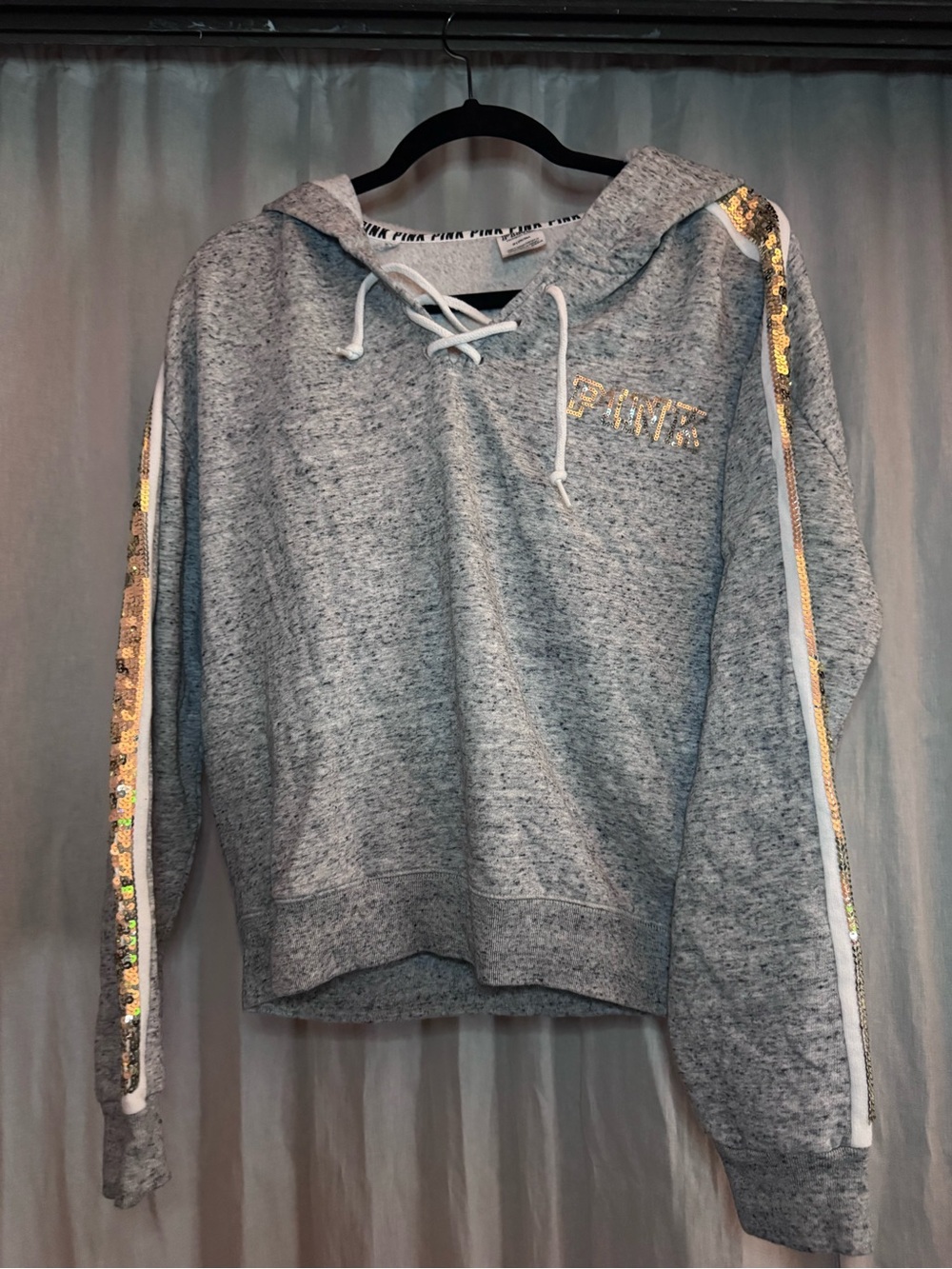PINK Victoria's Secret Gray Lace-Up Hoodie with Gold Sequin Stripe - Picture 3 of 5